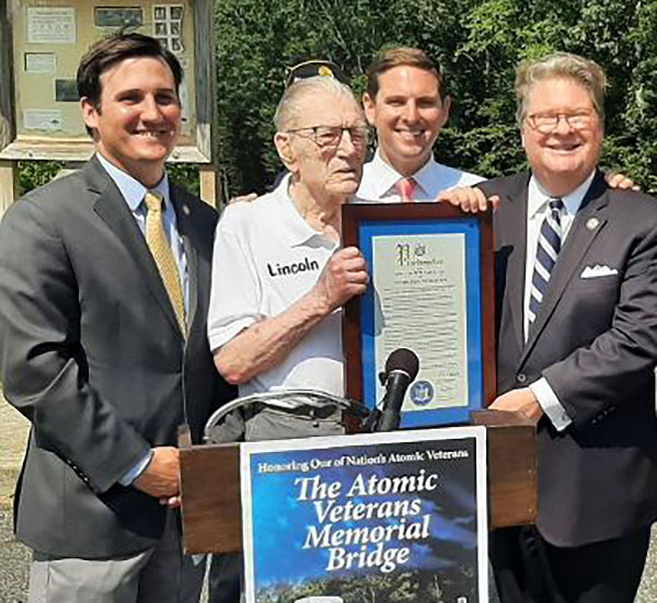 You are currently viewing ICMGLT Honorary Board Member F. Lincoln Grahlfs, 99, accepts proclamation commemorating Atomic Vterans Memorial Bridge with Assemblyman Kevin Byrne, state Sen. Peter Harckham and Yorktown Supervisor Matt Slater.