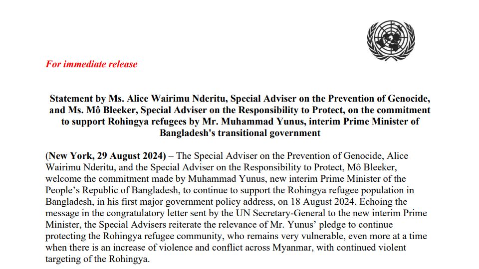 You are currently viewing Statement by Ms. Alice Wairimu Nderitu, Special Adviser on the Prevention of Genocide,and Ms. Mô Bleeker, Special Adviser on the Responsibility to Protect, on the commitmentto support Rohingya refugees by Mr. Muhammad Yunus, interim Prime Minister ofBangladesh’s transitional government