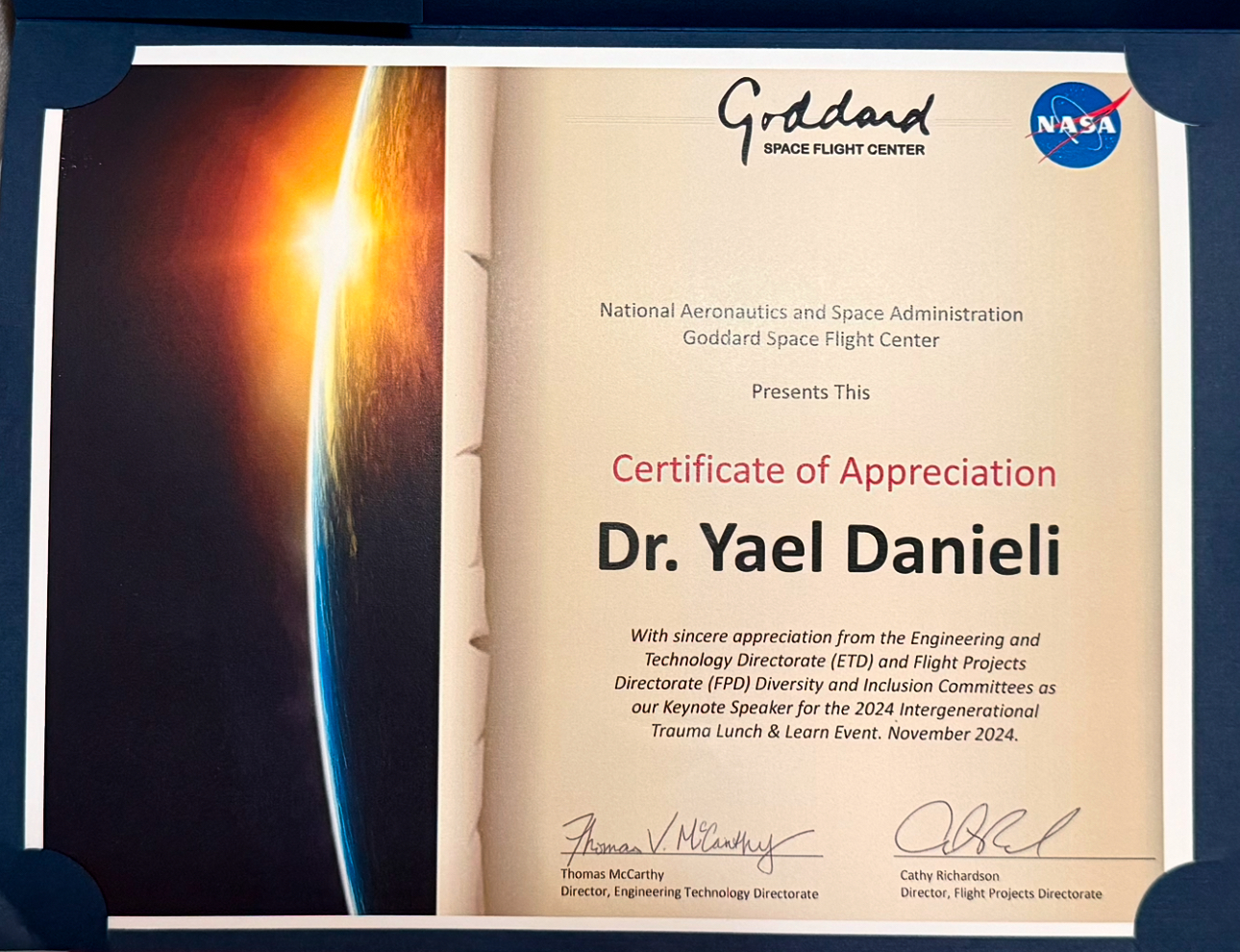 You are currently viewing Dr. Yael Danieli Keynotes the “2024 Intergenerational Trauma Lunch & Learn Event” and Receives VIP NASA Tour