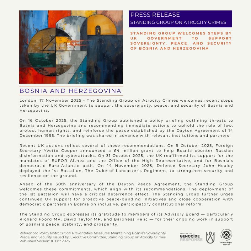 You are currently viewing he Standing Group on Atrocity Crimes welcomes recent steps taken by the UK Government to support the sovereignty, peace, and security of Bosnia and Herzegovina.